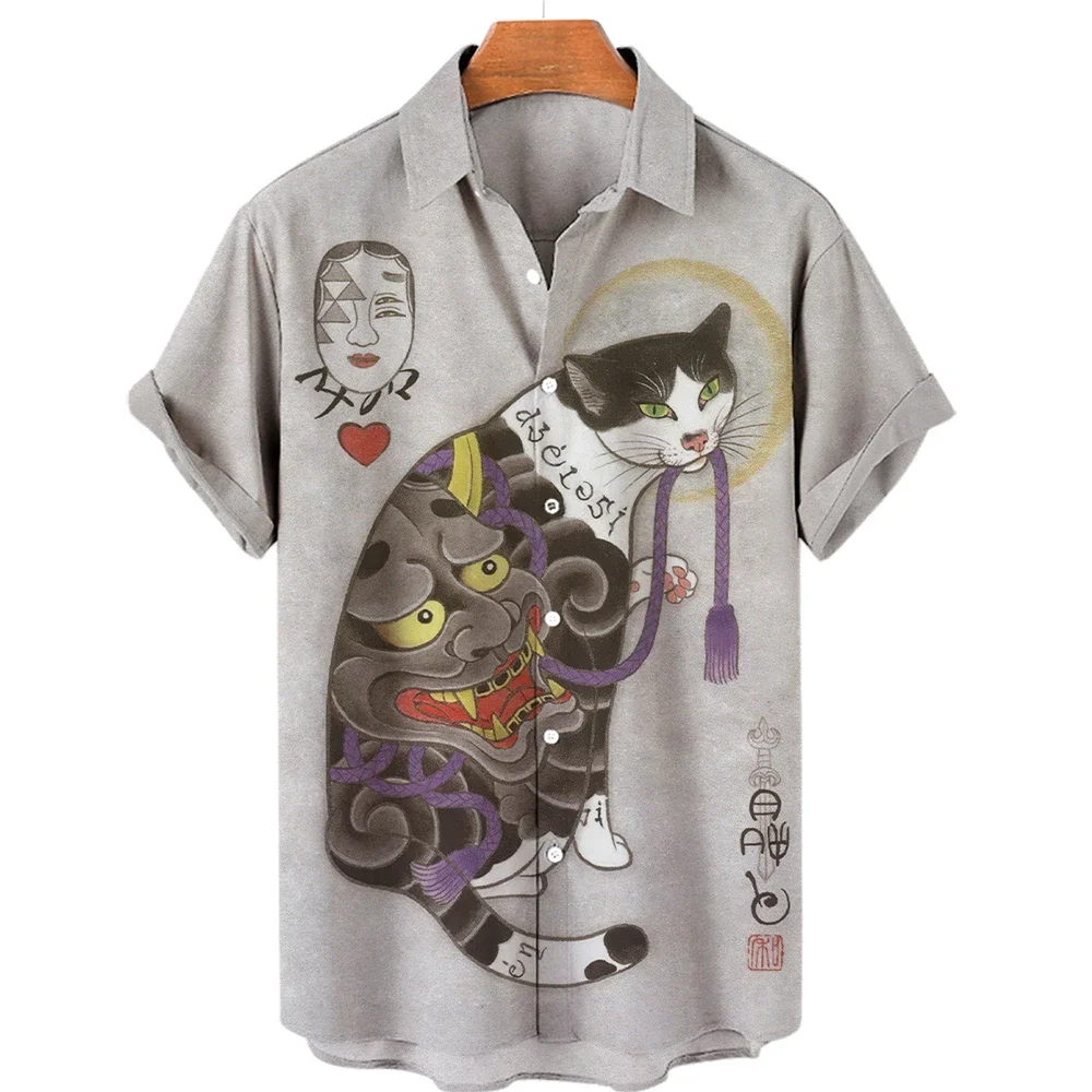 Camisa de manga corta con estampado de gato samurái de arte japonés para hombre, camisa informal cómoda con solapa y botones