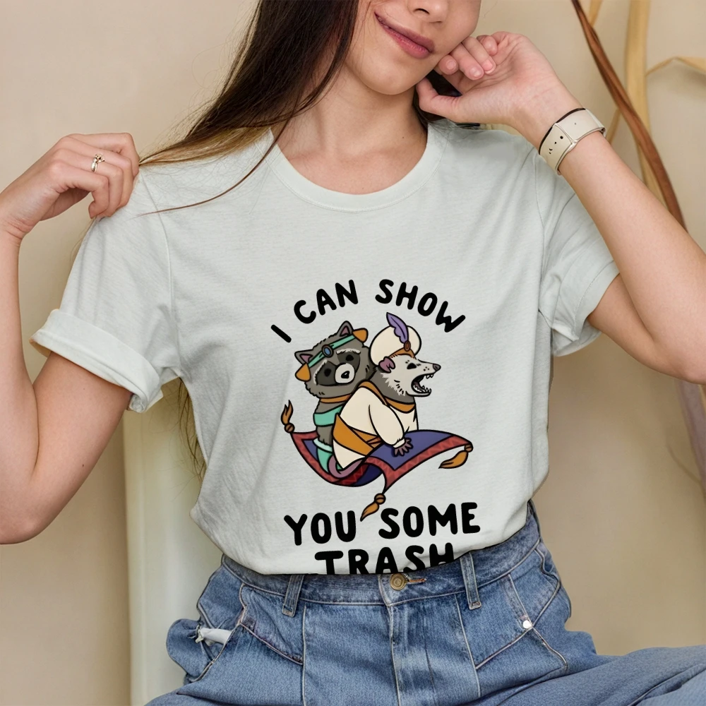 I Can Show You Some Trash Graphic Cotton T-shirt Funny Cartoon Raccoon Opossum Top Tee Casual Crew Neck Shirt For Wemen Men Kids