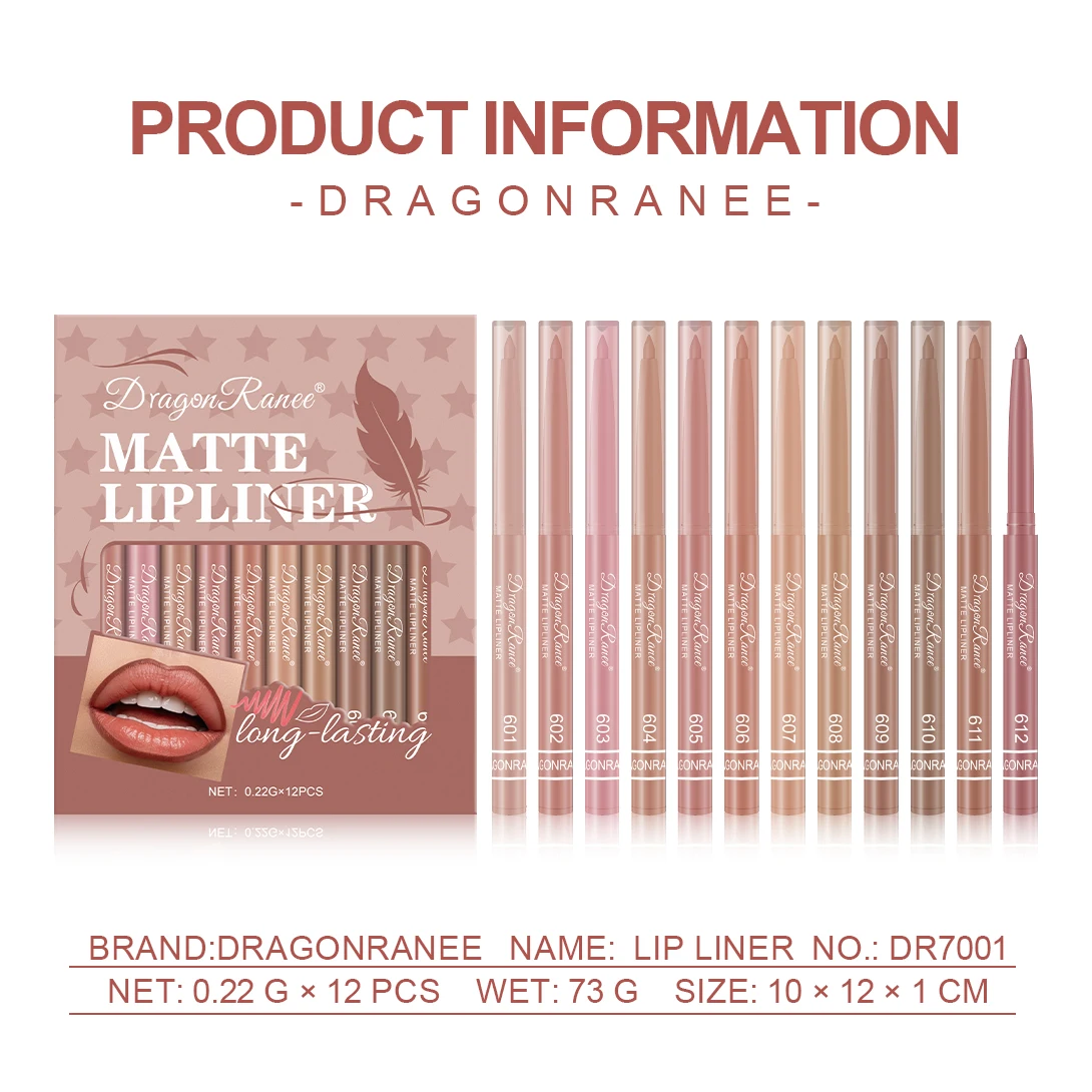 مجموعة بطانة شفاه مقاومة للماء ناعمة غير لامعة مكونة من 12 قطعة من Dragon Ranee، مجموعة مبطنة شفاه غير لامعة وغير قابلة للتجفيف، سهلة الخط #6