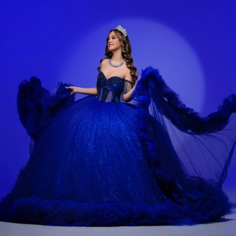 

Royal Blue Quinceanera Dresses Ball Gown Off The Shoulder Beading Crystal Corset Tiered Tull Bow Party Birthday Sweet 16 Dress
