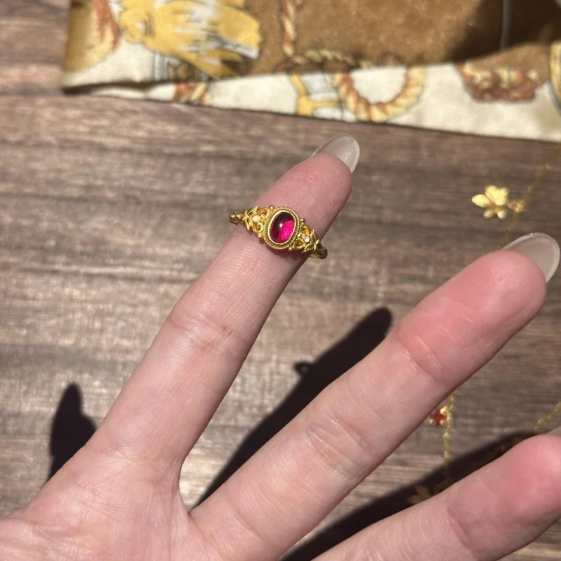 خواتم عقيق أحمر لؤلؤي عتيق للنساء مصنوعات ذهبية عتيقة على طراز القصر خاتم بيضاوي فاخر خفيف مجوهرات ساحرة #3