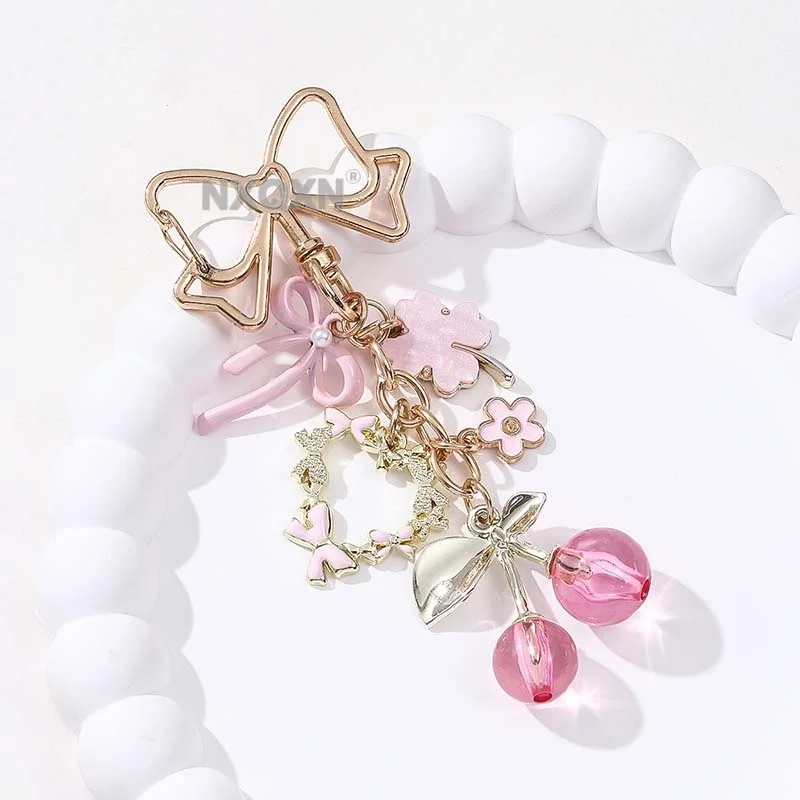 1pc Pink Red Cherry Flower Butterfly Heart Clover Enamel Keychain Plant Fruit Lovely Keychain For Women Girls Handmade Jewelry
