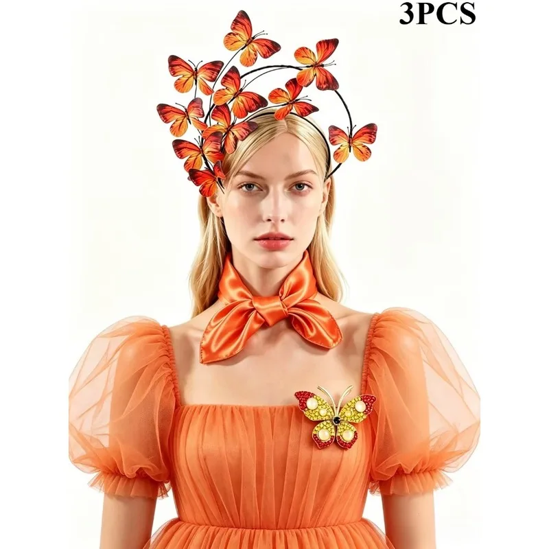 3pcs Women Dress Accessory Set Double Layer Gradient Color Butterfly Headband Smooth Scarf Shiny Brooch Bridal Wedding Tea Party