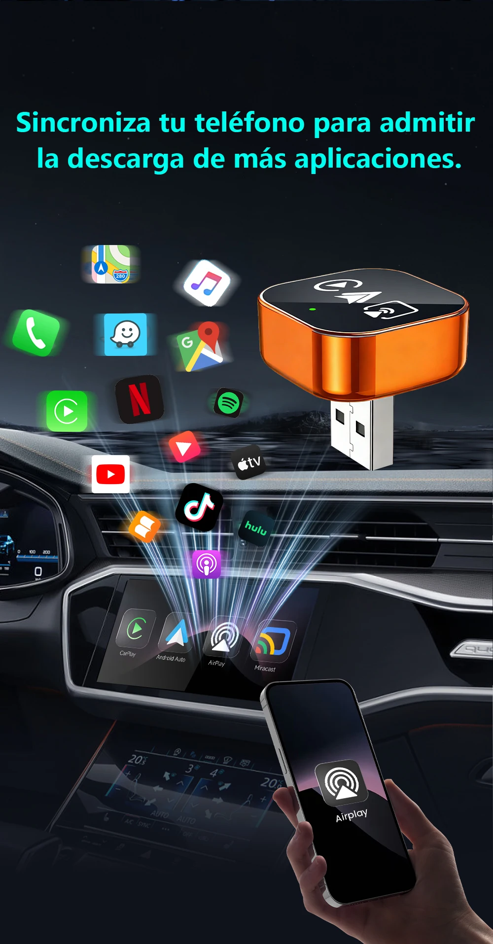 4-in-1 Kabelloser Carplay-Adapter, Multifunktions-Dongle für Carplay/Android Auto/Airplay/Mirror Link, Plug-and-Play WLAN 5GHz Kompatibel mit 98% aller Autos mit Original-Carplay ﻿ – Detail 8