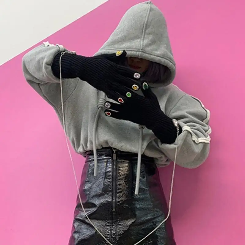 

39BB вязаные толстые теплые перчатки зимние блестящие стразы перчатки для декора ногтей для Te