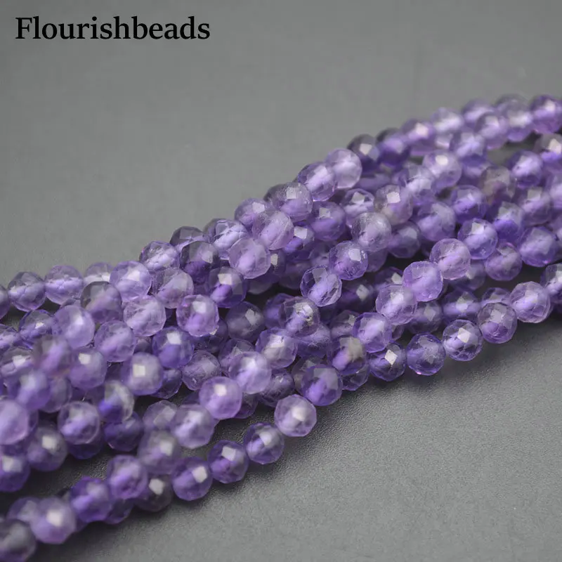 High Qualiyt 4mm Shiny Diamond Cutting Faceted Natural Purple Amethyst Gemstone Round Spacer Beads for Jewelry Making 5strands