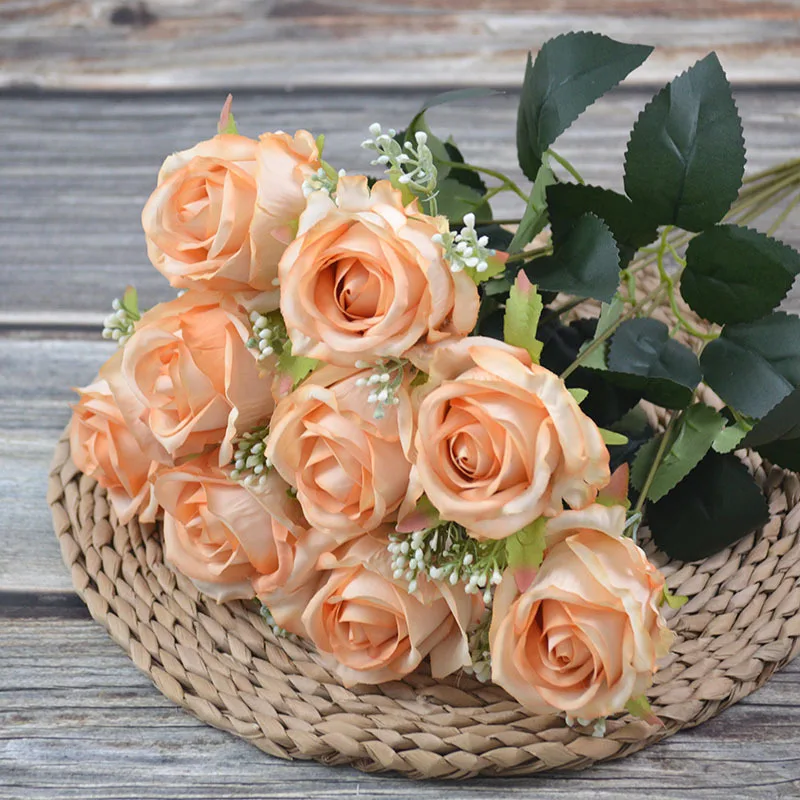 Artificial Silk Bouquet Autumn Color Oil Painting Rose Fake Flower Wedding Photography Props Home Living Room Garden Decoration