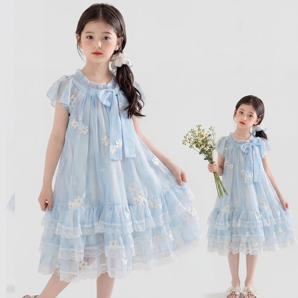 Girls Princess Dresses Floral Embroidery Lace Trim Bow Tie Flutter Sleeve Birthday Party Dresses for Girls Layered Ruffle 6-12 Y