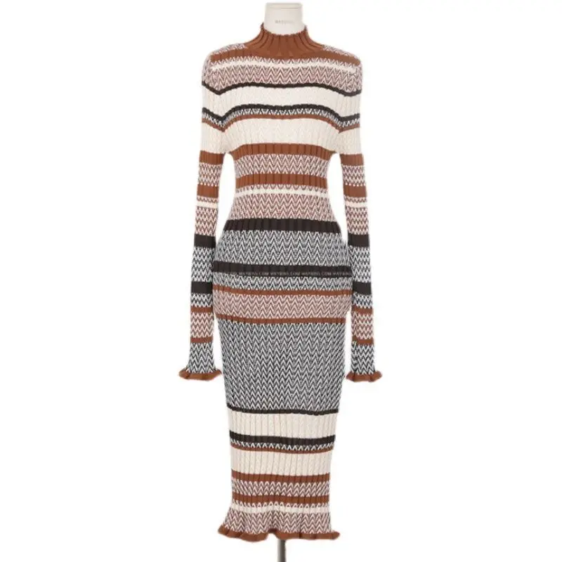 

2025 Autumn New Color Blocked Sweater Bottom Skirt Long Skirt Knitted Dress for Women