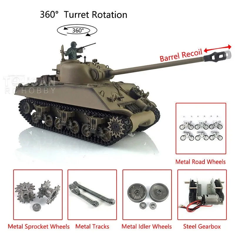 Juguetes HENG LONG 1/16 personalizado 7,0 M4A3 Sherman RC tanque Toucan 3898 barril retroceso 360 °   Metal Readt to Run Panzer Toys TH19791