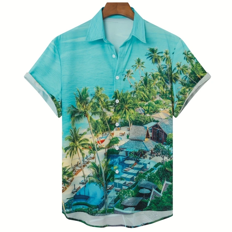 Hawaiian Men's Shirt Summer Loose Print Short Sleeve Pool And Palm Trees Graphic Tee Lapel Button Shirts Oversized Men Clothing