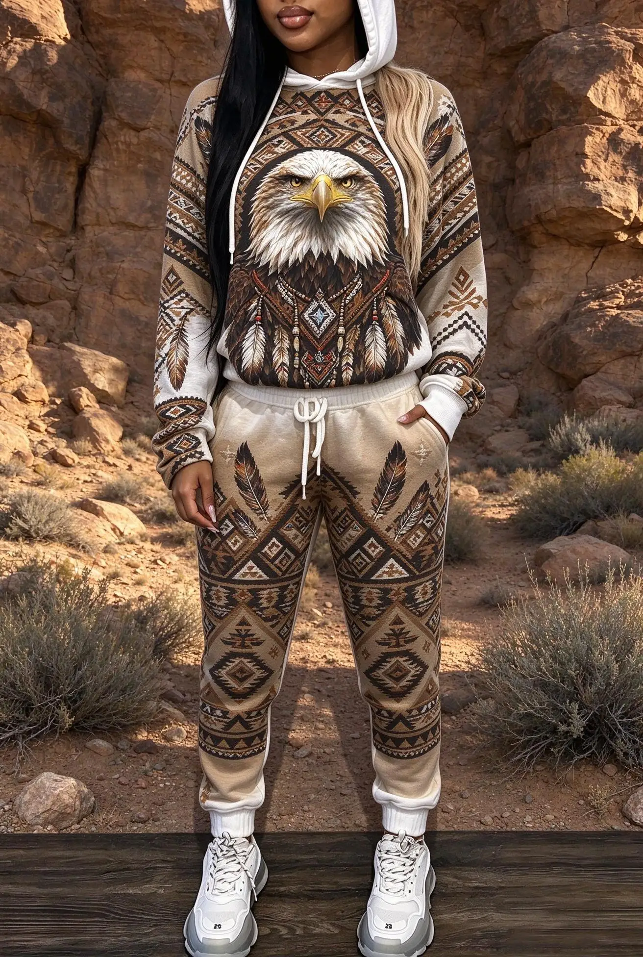 Women Western Aztec Animal Print Hooded Tracksuit 2Pcs, Eagle Horse Wolf Graphic Drawstring Hoodie Jogger Set