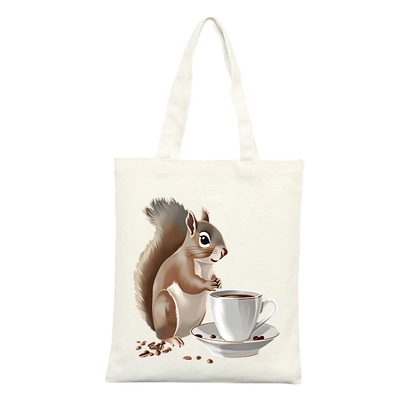 Canvas Tote Bag with Squirrel and Coffee Cup Graphic, Ideal for Casual Daily Use and Coffee Outings