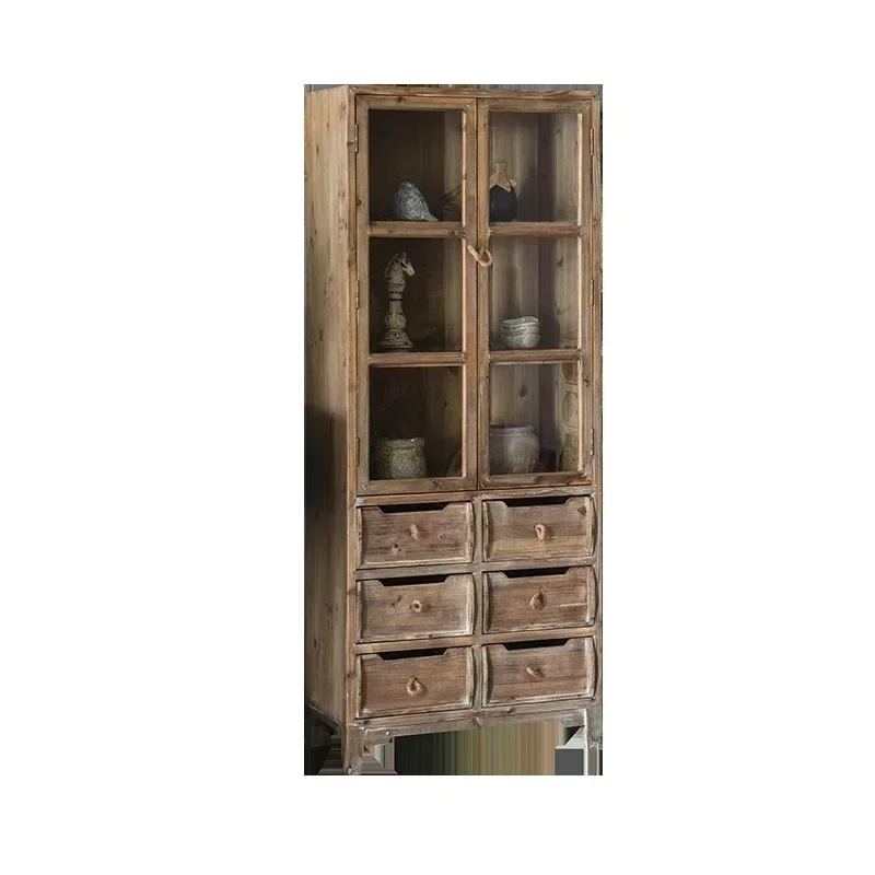 Retro solid wood glass bookshelf floor storage cabinet simple storage