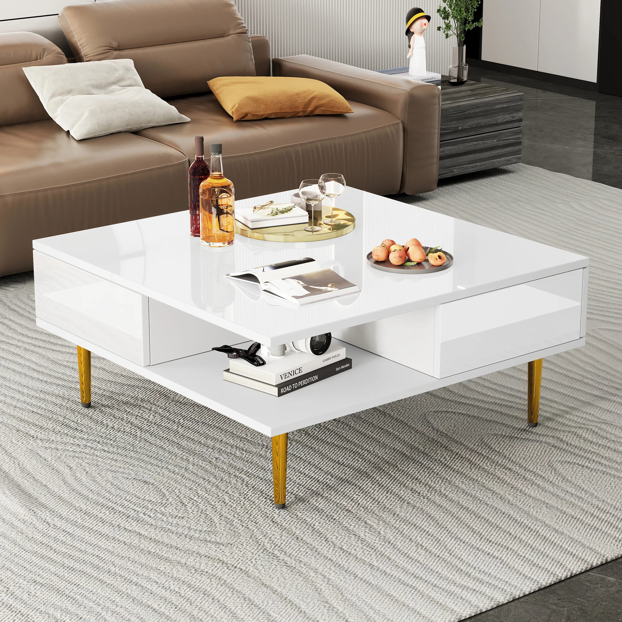 Square coffee table table in high gloss, two open compartments and gold-colored legs-70x70x36 cm-resilient up to 30 kg