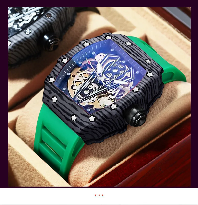 New Fashion Skeleton Mechanical BINBOND J7751 Watch Men Brand Silicone Strap Automatic Watches High Quality Clock Reloj Hombre