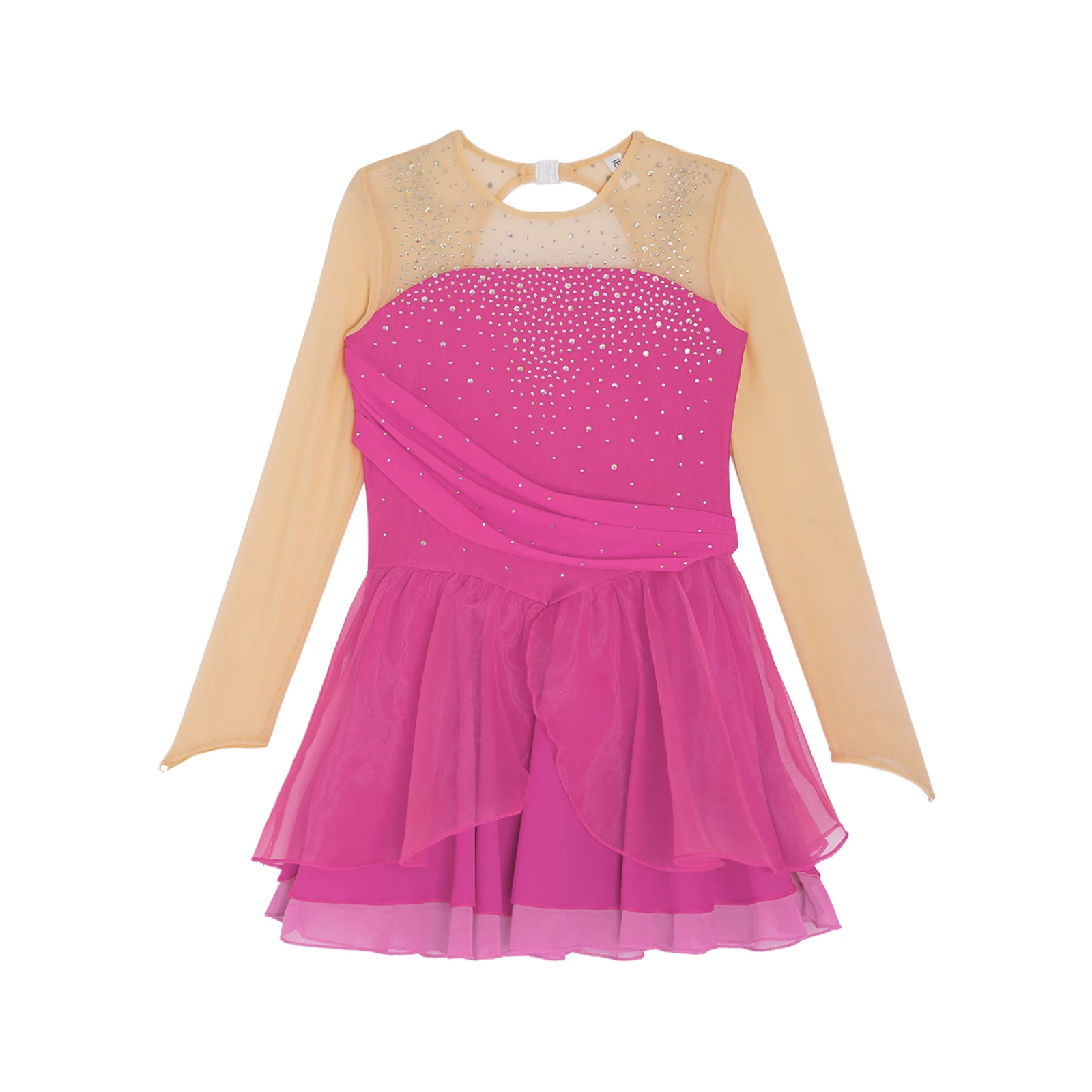 Children Girls Figure Skating Dress Lyrical Dance Ballet Gymnastics Acrobatics Costume Long Sleeve Mesh Rhinestone Leotard Tutu
