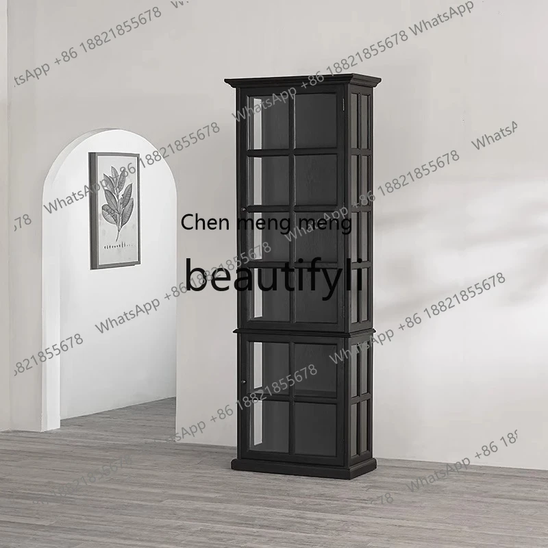 

European retro solid wood glass door high bookcase display cabinet, oak designer dining side storage cabinet H