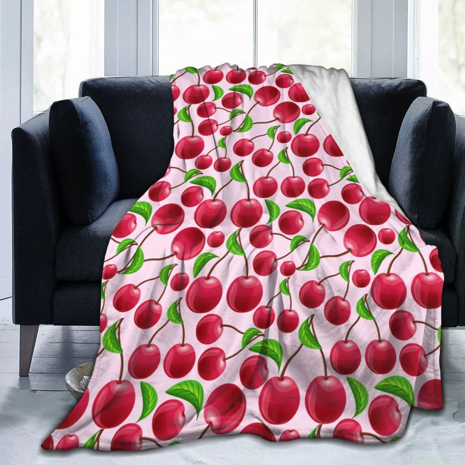 Cherry Throw Blanket, Kawaii Cartoon Fruit Cherry Plush Flannel Fleece Blanket for Couch, Travel, Bed, Office, Outdoor Camping