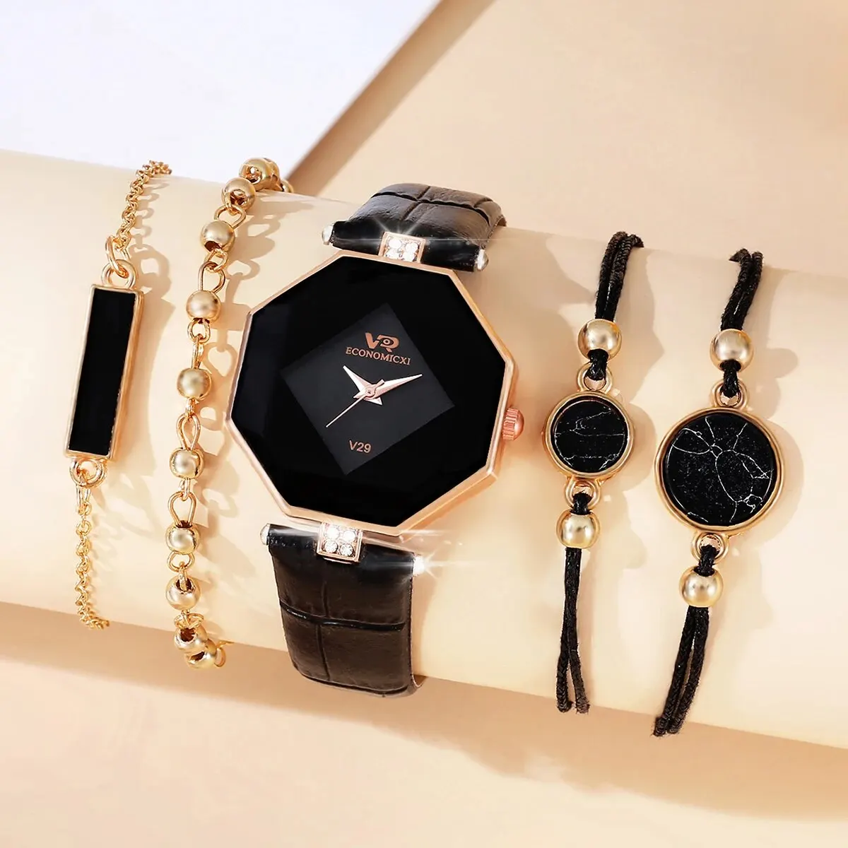 1Pcs Women's Fashion Simple Star Rhinestone Leather Quartz Watch 4Pcs Love Jewelry Abacus Bead Set Birthday Christmas Gift