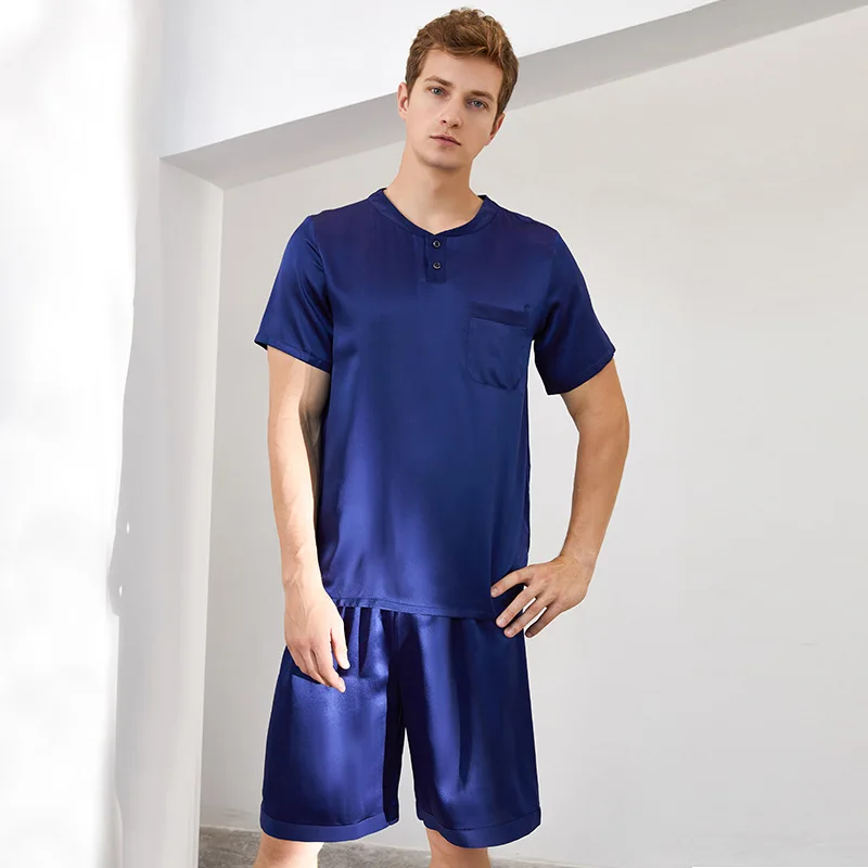 Luxury Men 100% Mulberry Silk Sleepwear Summer Short Sleeve Shorts Suit Skin-friendly Breathable Casual Homewear Gift For Men