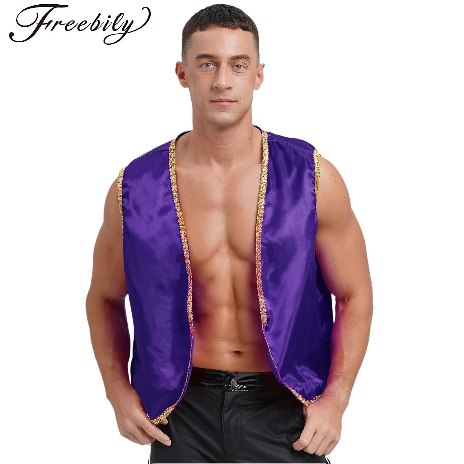 New Indian Arabian Cosplay Tops Arabian Prince Vest Men Aladin Costume Shiny Stain Waistcoat for Halloween Carnival Exotic Tanks