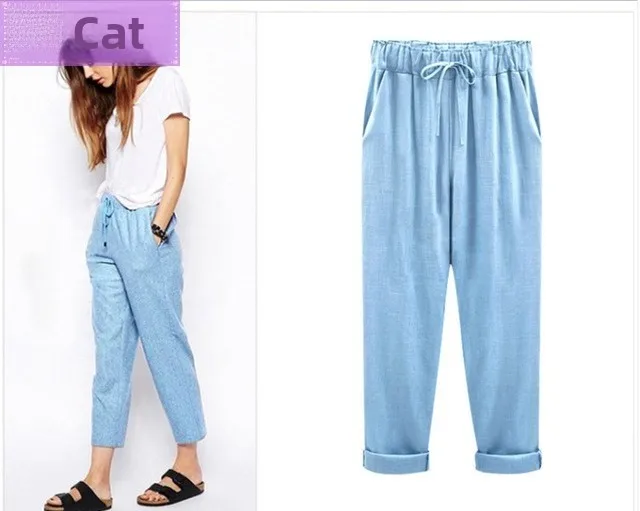 プラスサイズの女性用伸縮性パンツ、夏のカジュアルウェア、伸縮性のあるポリエステル生地、その他の素材混紡、女性向け