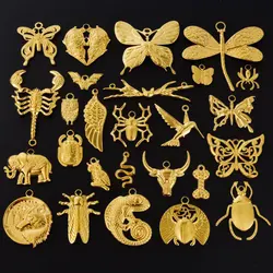 5pcs Multistyle Animal Charm Real Gold Plated Dragonfly Bat Insect Stainless Steel Pendants For Jewelry Making Supplies Findings