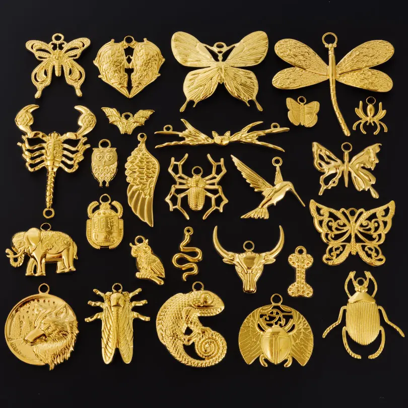 5pcs Multistyle Animal Charm Real Gold Plated Dragonfly Bat Insect Stainless Steel Pendants For Jewelry Making Supplies Findings