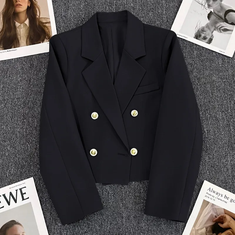 Women\'s Cropped Blazer 2024 Autumn New Chic Elegant Outerwears Simple Office Lady Blazers Fashion Double-Breasted Suit Coat