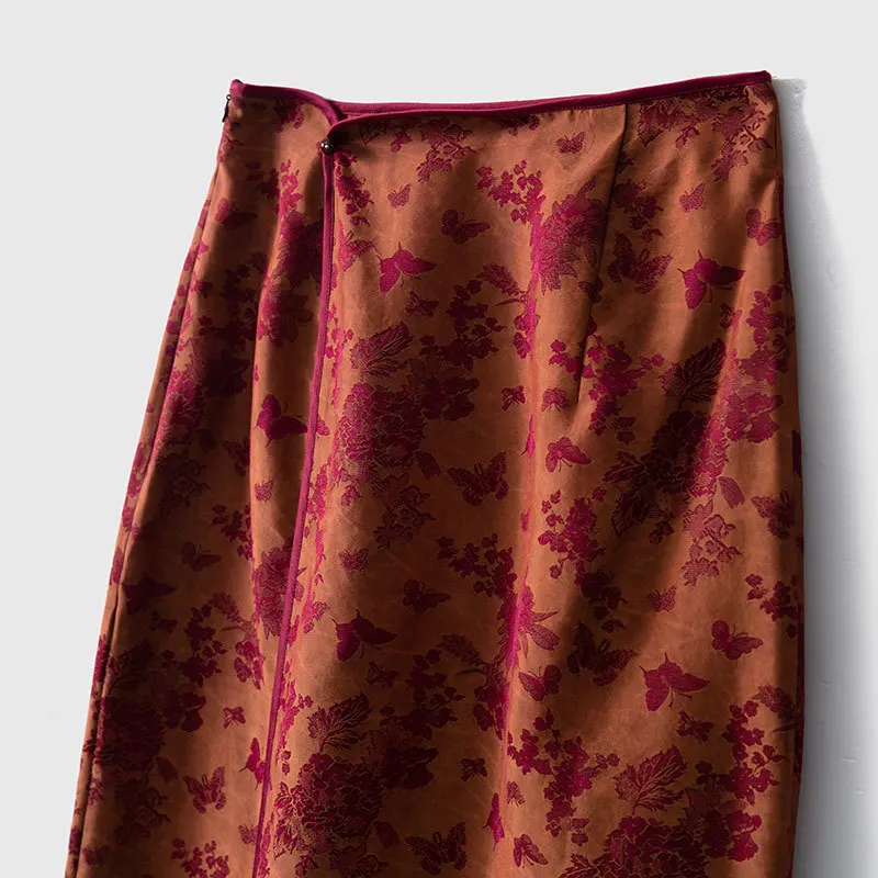 High Quality Real Silk Gambiered Guangdong Jacquard Skirt Front Slit Vintage Summer New