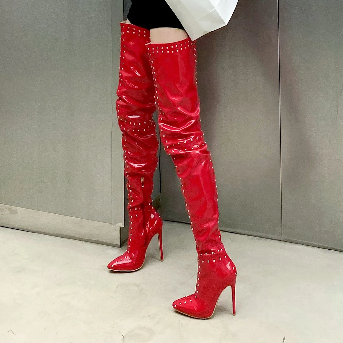 Arden Furtado 202 Autumn winter Patent Leather Rivet Over the knee boots Pointed Toe Side zipper Super high heel Modern boots