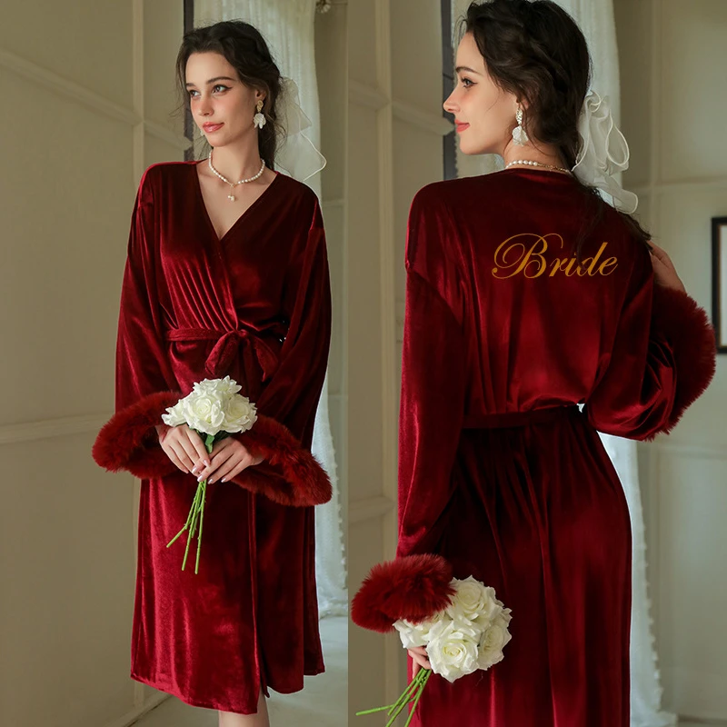 

Winter Velour Bride Wedding Robe Kimono With Feather Sleeve Vestidos De Novia Manga Women's Long Sleepwear Peignoire Nightdress