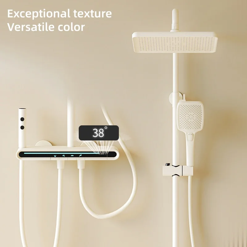 

Cream White Brass Smart Shower Head Set Ceramic Contemporary Design Digital Display Aurora Ambient Lighting Massage Rainfall