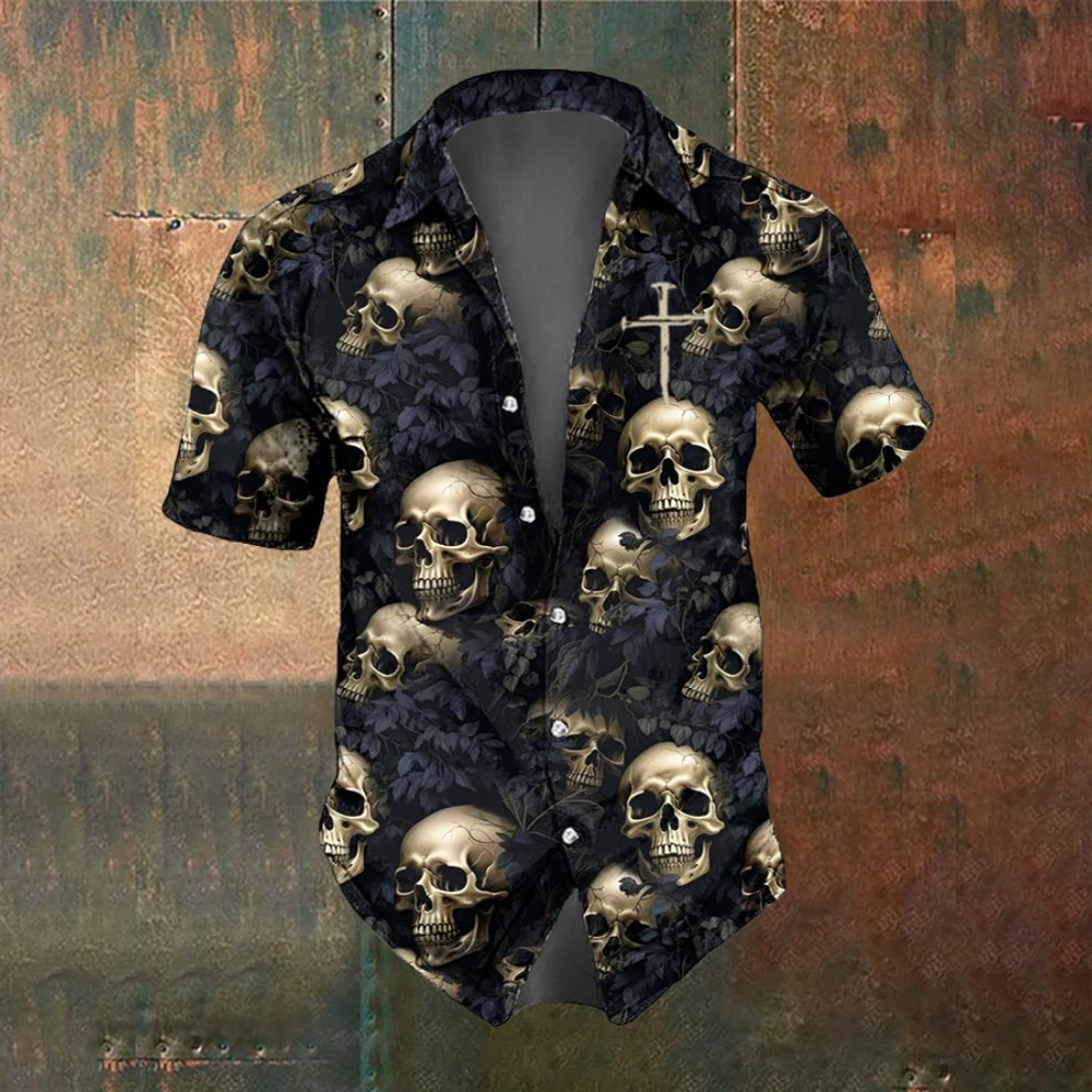 Summer Fashion Skull Cross Pattern Horror Men\'s Short Sleeved Printed Shirt Street Trend Party Men\'s Oversized Top SIZE S-5XL