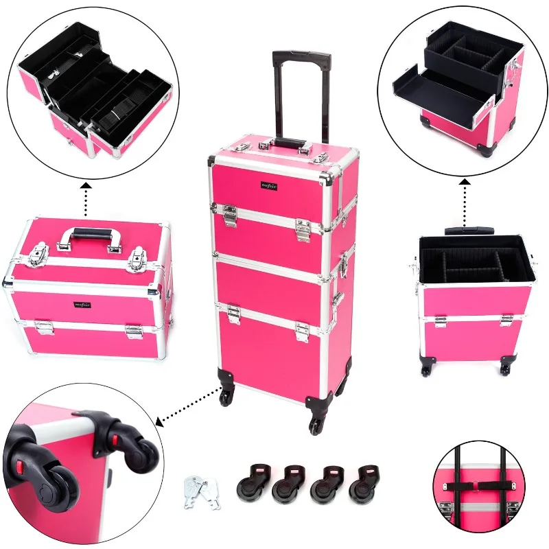 

2 in 1 Rolling Makeup Train Case, Aluminum Makeup Travel Organizer Cosmetic Case, Cosmetology Display Suitcase (Rose-Pink)