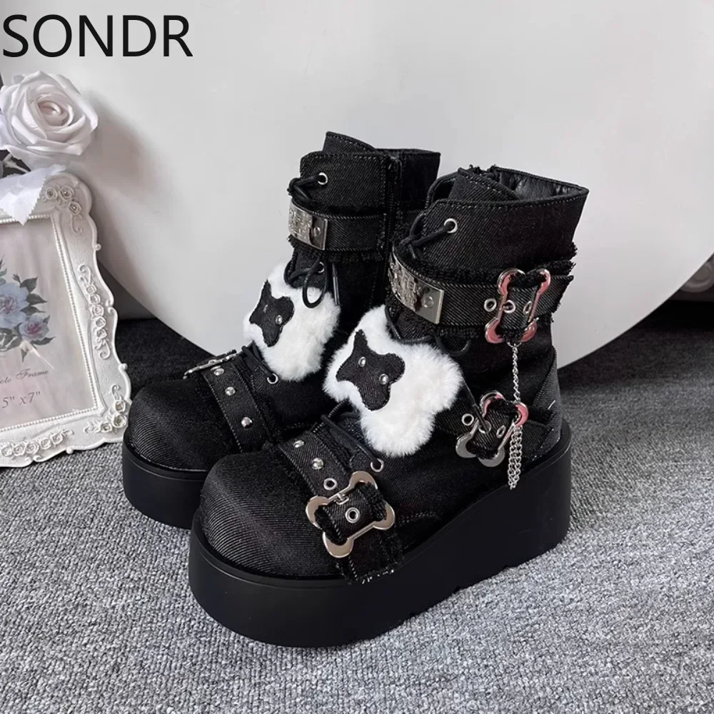 Womens Round Toe Platform Ankle Boots Wedge High Heel Metal Chain Creepers Japanese Harajuku Dark JK Shoes Warm Winter New 2024