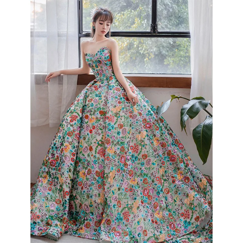 

Private Customized Wedding Dress Embroidered Flowers Toasting Attire Bride's Banquet Business Performance Fluffy Evening Dress