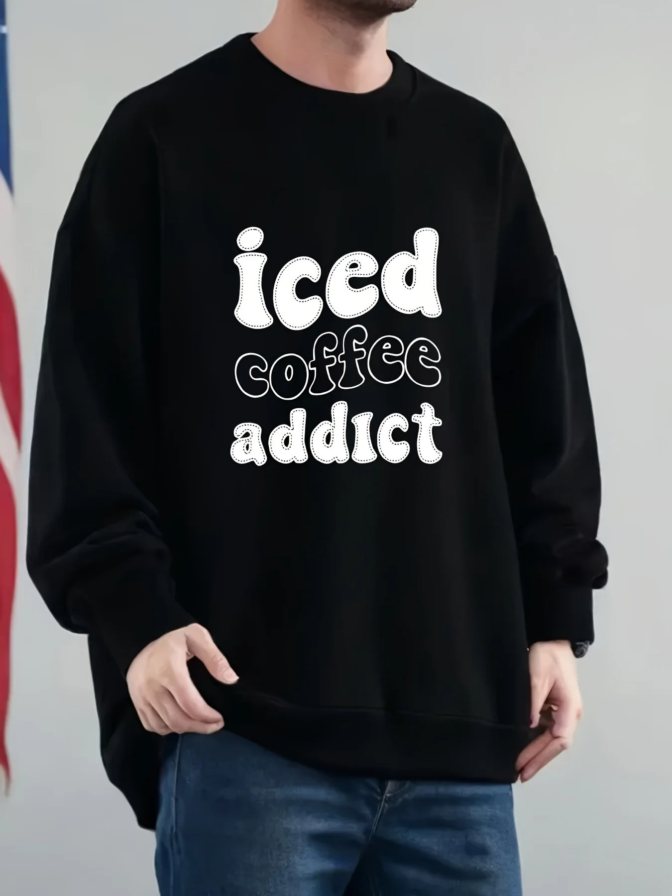 

Мужская толстовка с открытыми плечами и круглым вырезом с принтом ICED COFFEE ADDICT