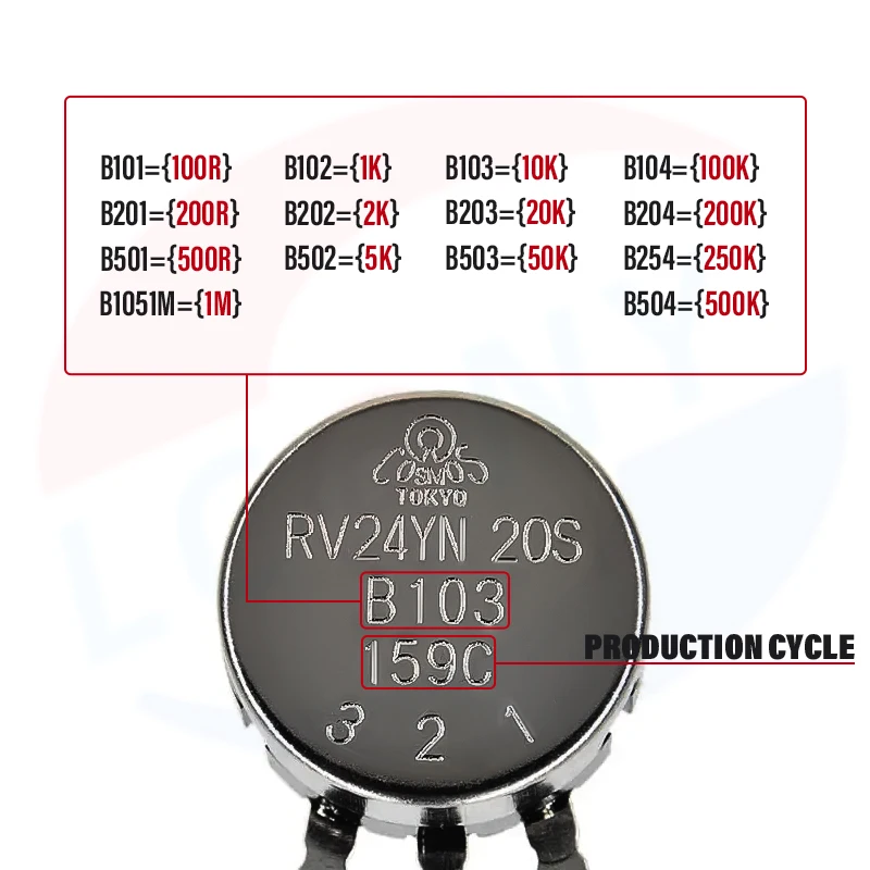 1Pcs RV24YN20S B201 B501 B102 B202 B502 B103 B203 B503 B104 B204 B254 B504 B105 500 ohm 10K 20K 50K 100K 200K ohm Potentiometer