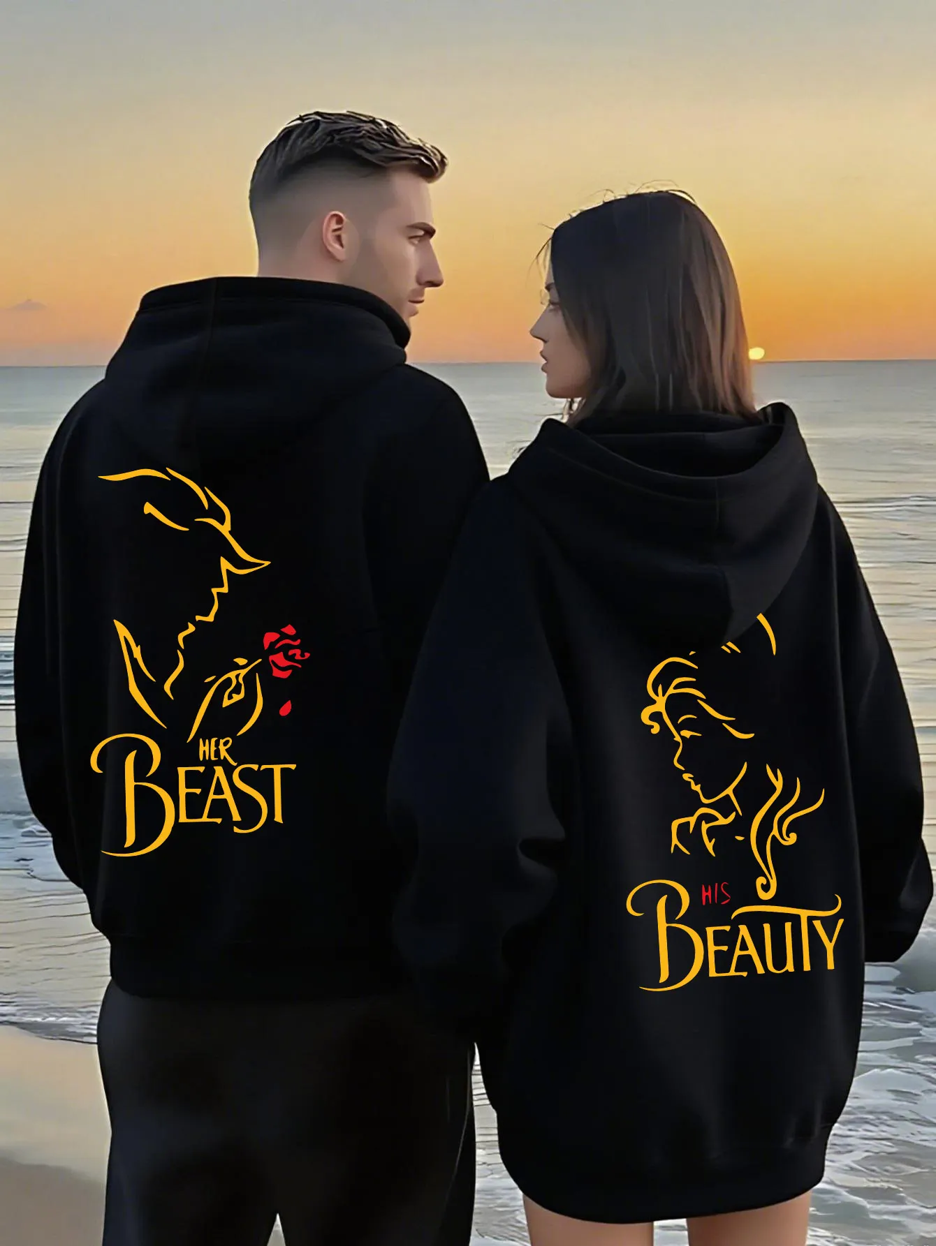 Sweat-shirt à capuche pour Couple, thème romantique la belle et la bête, pour hommes et femmes, Styles séparés, pull décontracté, coupe ample, Y2K