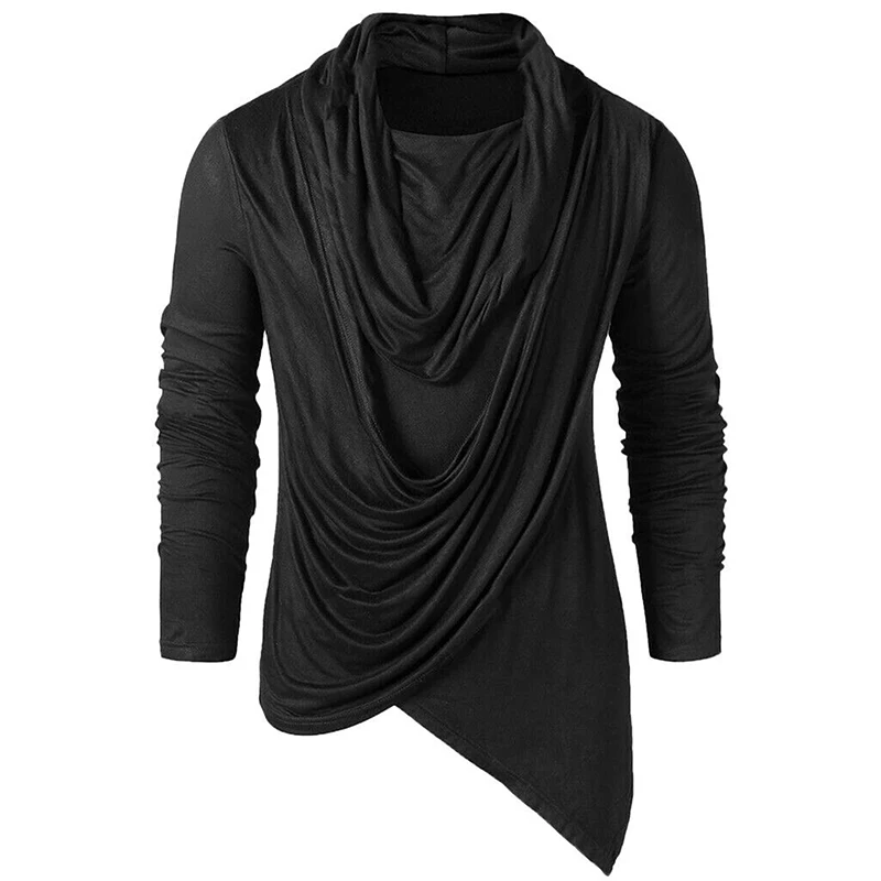 Men s Draped Collar T-Shirt Long Sleeve Cowl Neck Loose Tops Ruched Asymmetric Hem Pullover Lightweight Jumper