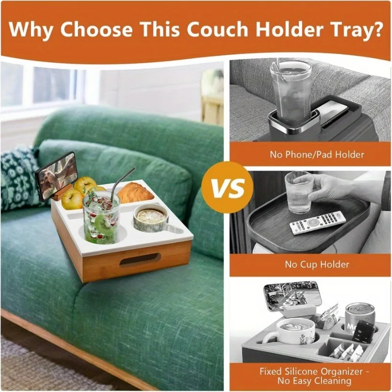 1Pc Couch Cup Holder with Sturdy Bamboo Bottom Tray and Anti-Spill Washable Silicone Liner for Eating on Couch or Bed, TV-Watching Food Snack Trays with Drinks Cup Holder TV Remote Holder (Grey)