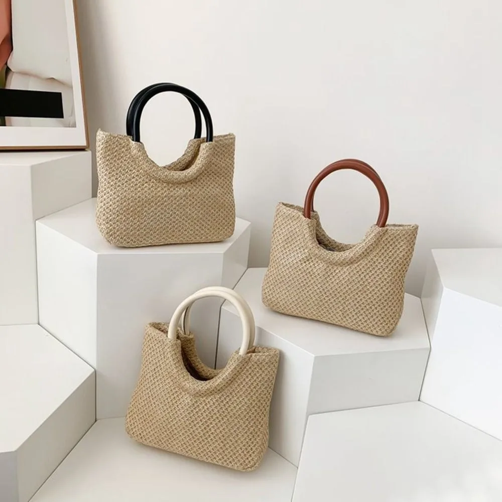 Bolsa coreana de trama simples para mulheres, grande capacidade, couro PU, boêmia, bolsa de praia, palha, bolsa de ombro, feriado