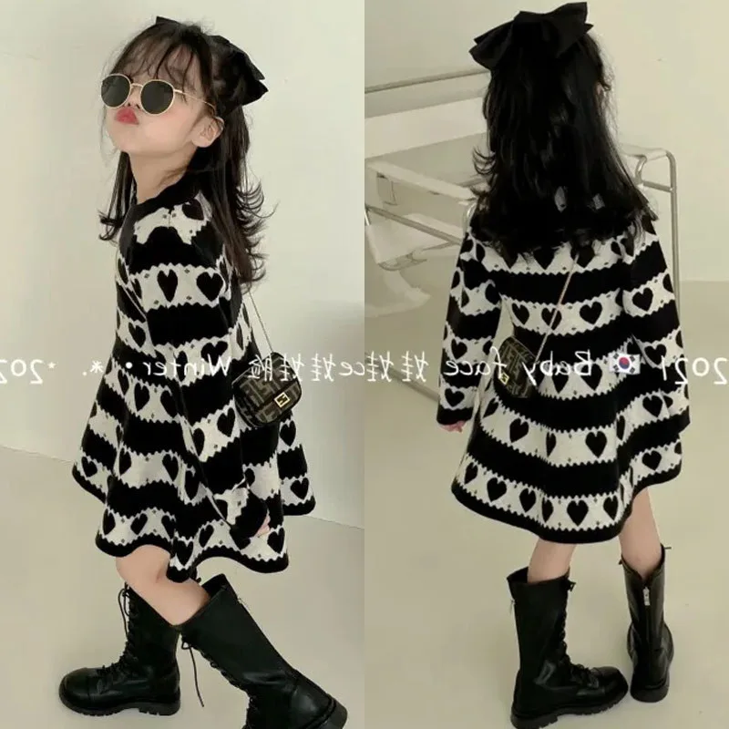 

2026Spring and Autumn Children's Stylish Cute Princess Dress for Girls Baby Heart Cotton Knitted Base Dress Trendy