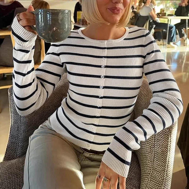 

Облегающий свитер с круглым вырезом и длинными рукавами для женщин, весна-осень, элегантный Demeanor в полоску, черный, белый цвет, универсальный повседневный кардиган