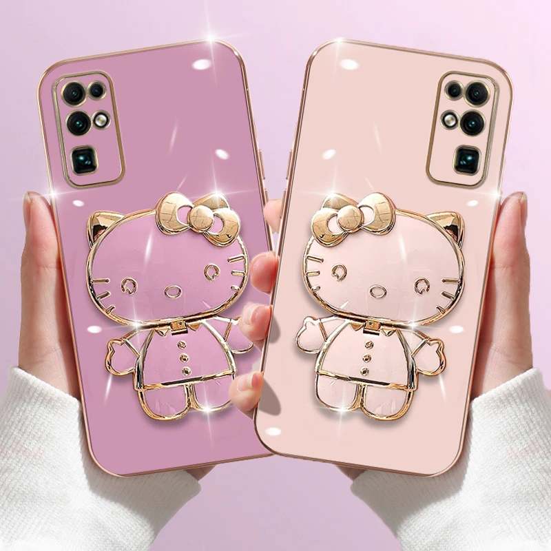 Luxury Hello Kitty Mirror Support Case for Huawei P20 P30 Pro P40 Lite 5G P50 P60 Mate 20 20X 30 40 50 Y6P Y9 Prime 2019 Cover