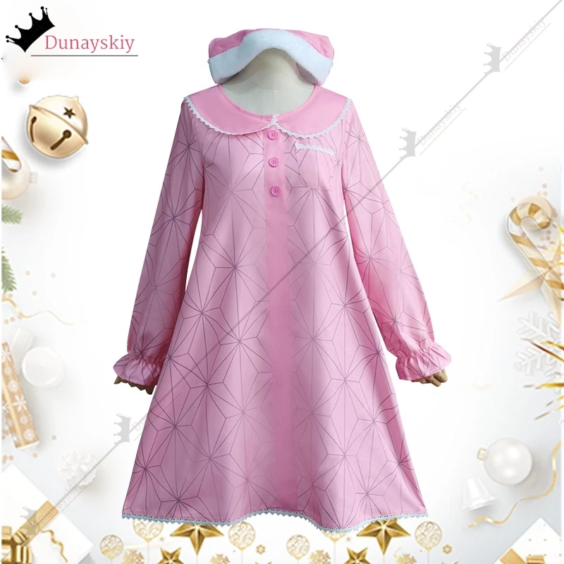 أنيمي كيساتسوتاي كامادو Nezuko تأثيري حلي ملابس خاصة فستان وردي مع قبعات سانتا الوردي 60 سنتيمتر الباروكات 2024 عيد الميلاد كرنفال حفلة البدلة