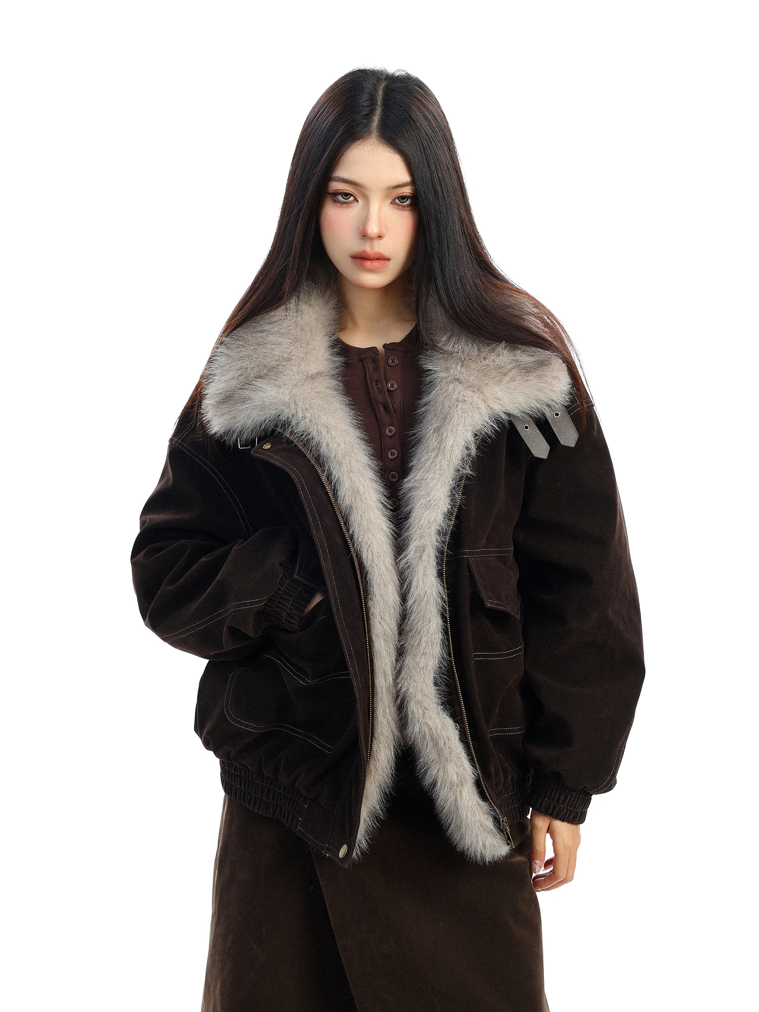 

Хлопковая куртка с замшевым воротником Thiened, женская зимняя теплая свободная меховая верхняя одежда в стиле ретро с застежкой-молнией Long Sve