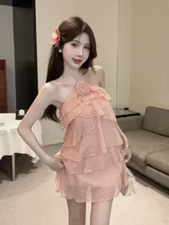 Pure Desire Ruffled Design Hanging Neck Dress Fashion Spicy Girl Backless Flower Multi-layer Dress Elegant Sweet Fashion 6YDL